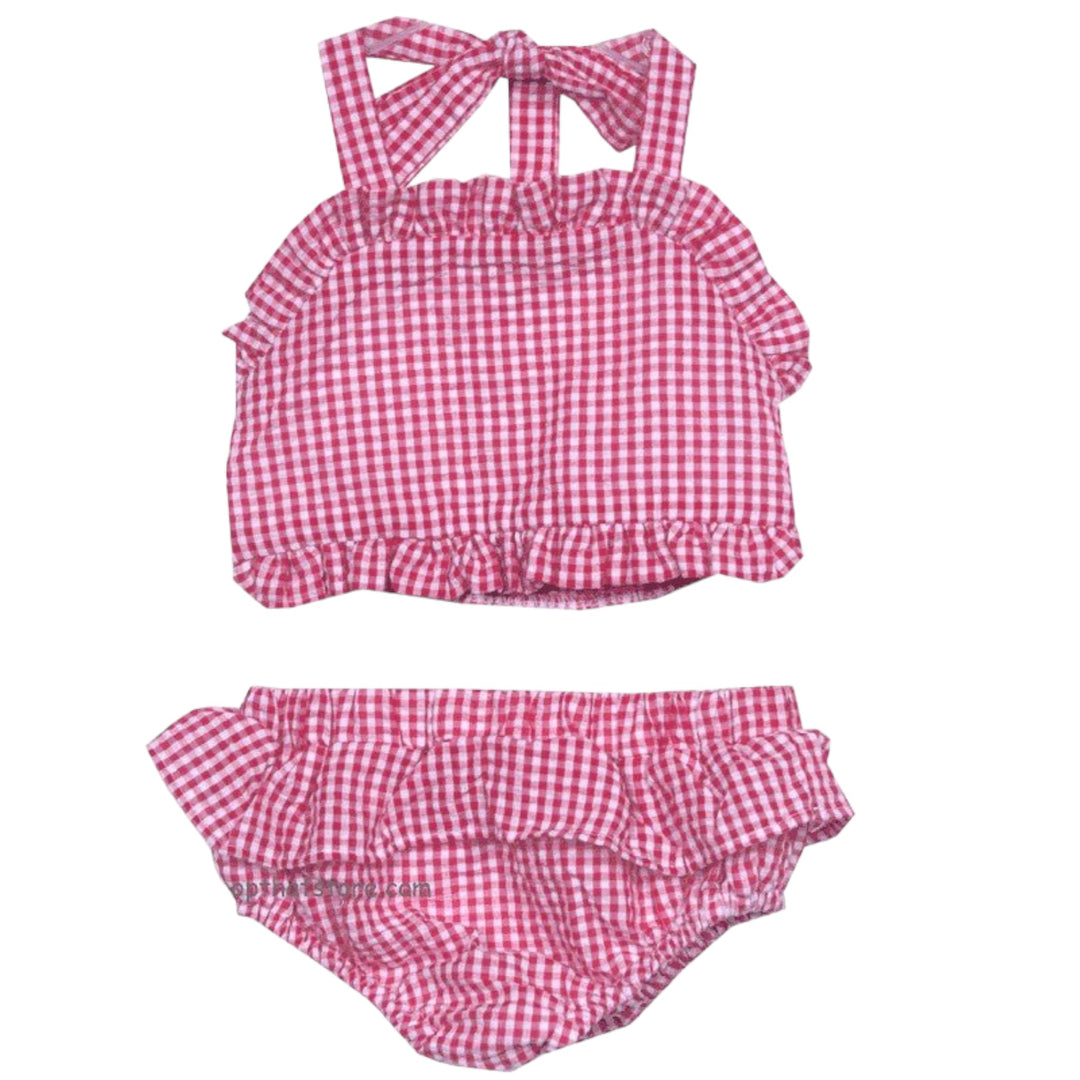 Millie Jay 2pc Red Check Girls Swimsuit, front