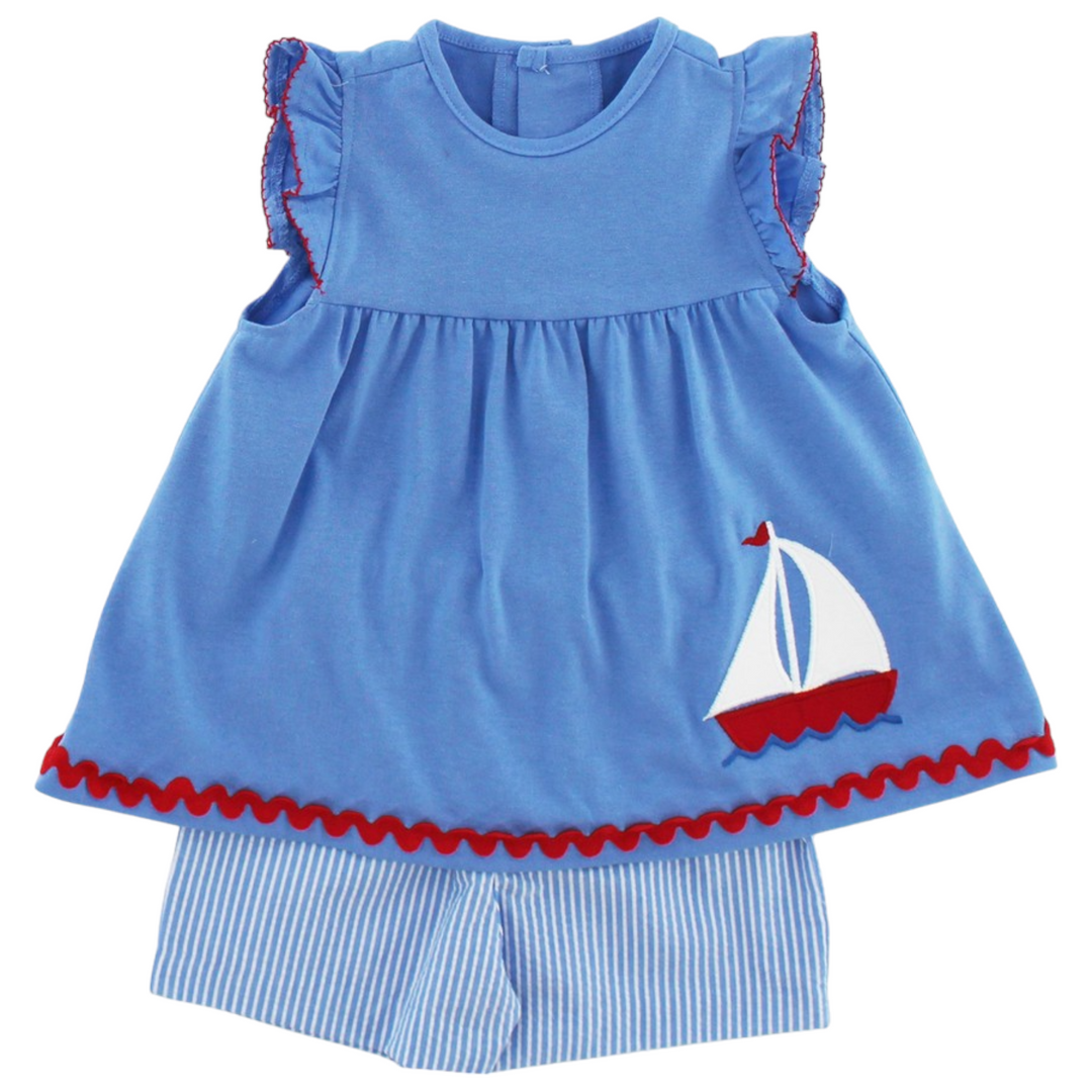 Smooth Sailing Blue Stripe Girls Short Set, front