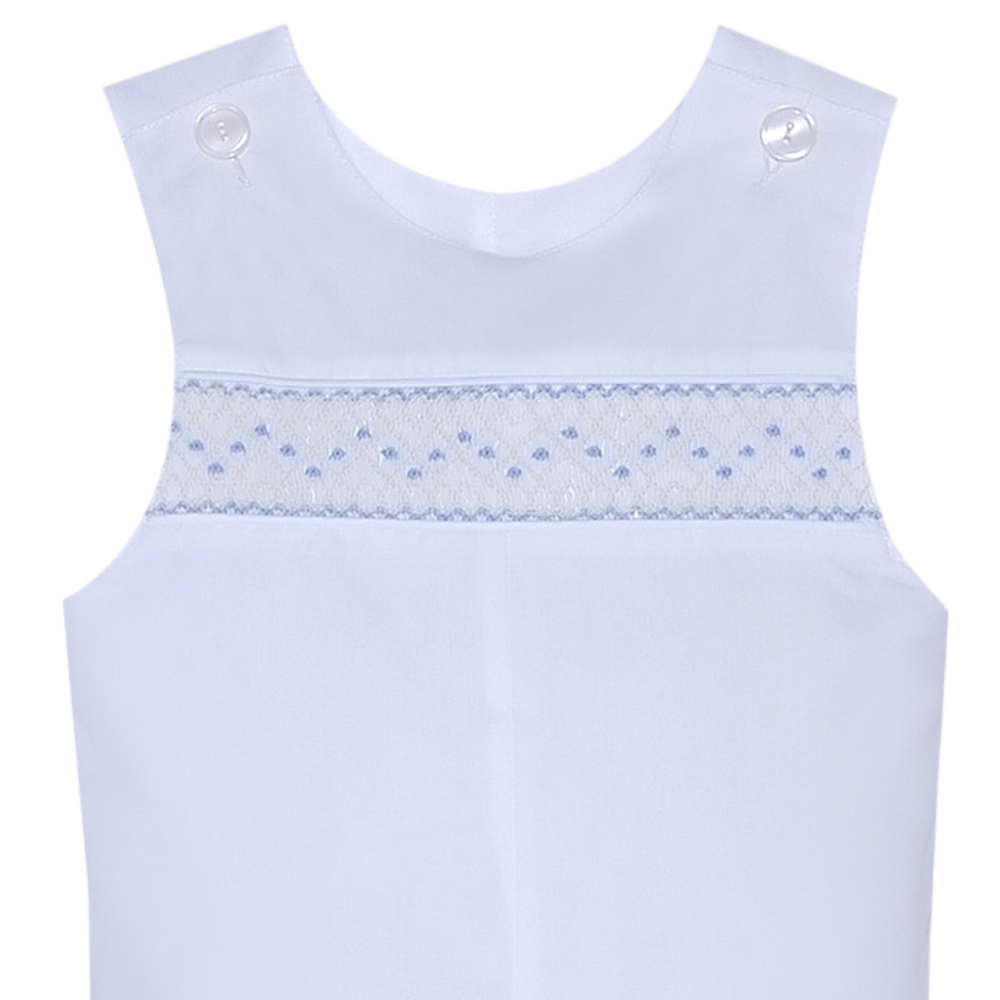 Smocked Graham White with Blue Shortall, close up