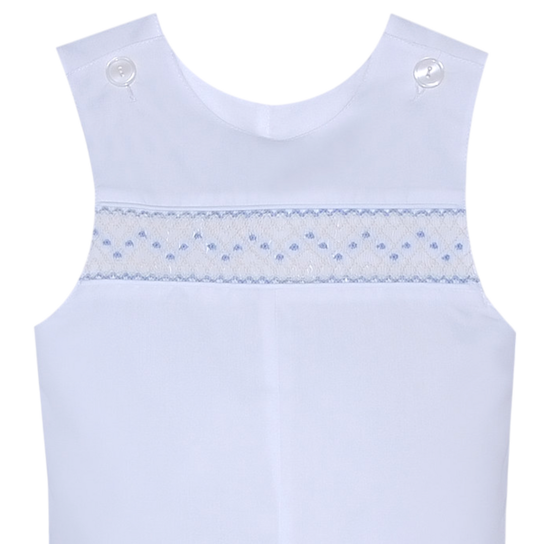 Smocked Graham White with Blue Shortall, close up