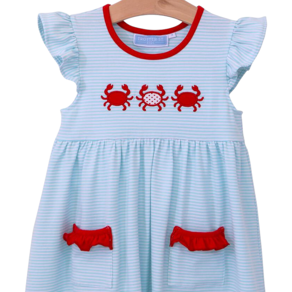 Crab Trio Aqua Stripe Flutter Dress, close up