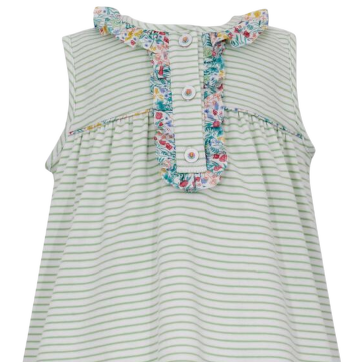 Chloe Green Stripe Knit Floral Trim Sleeveless Girls Dress, close up