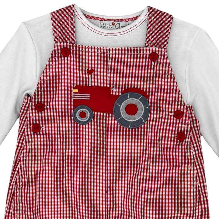 Petit Ami Tractor Heart Red Gingham Longall, close up