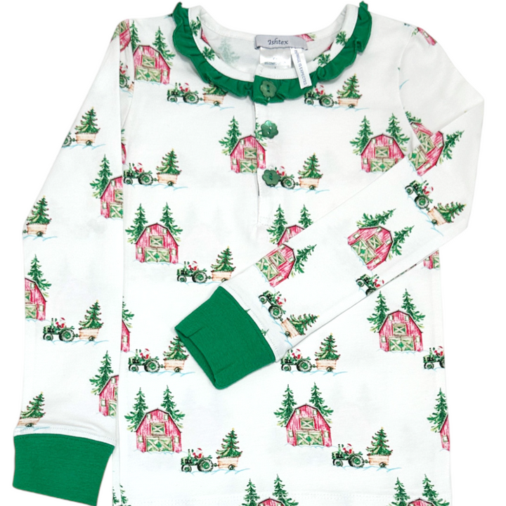 Ishtex Christmas Tree Farm Girls PJ Set, close up