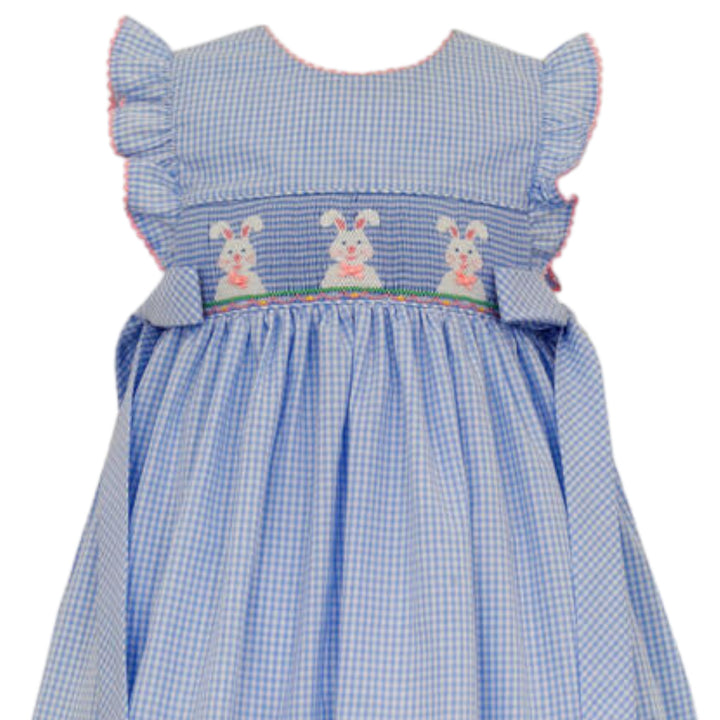 Smocked Bunny Blue Gingham Sleeveless Dress, close up