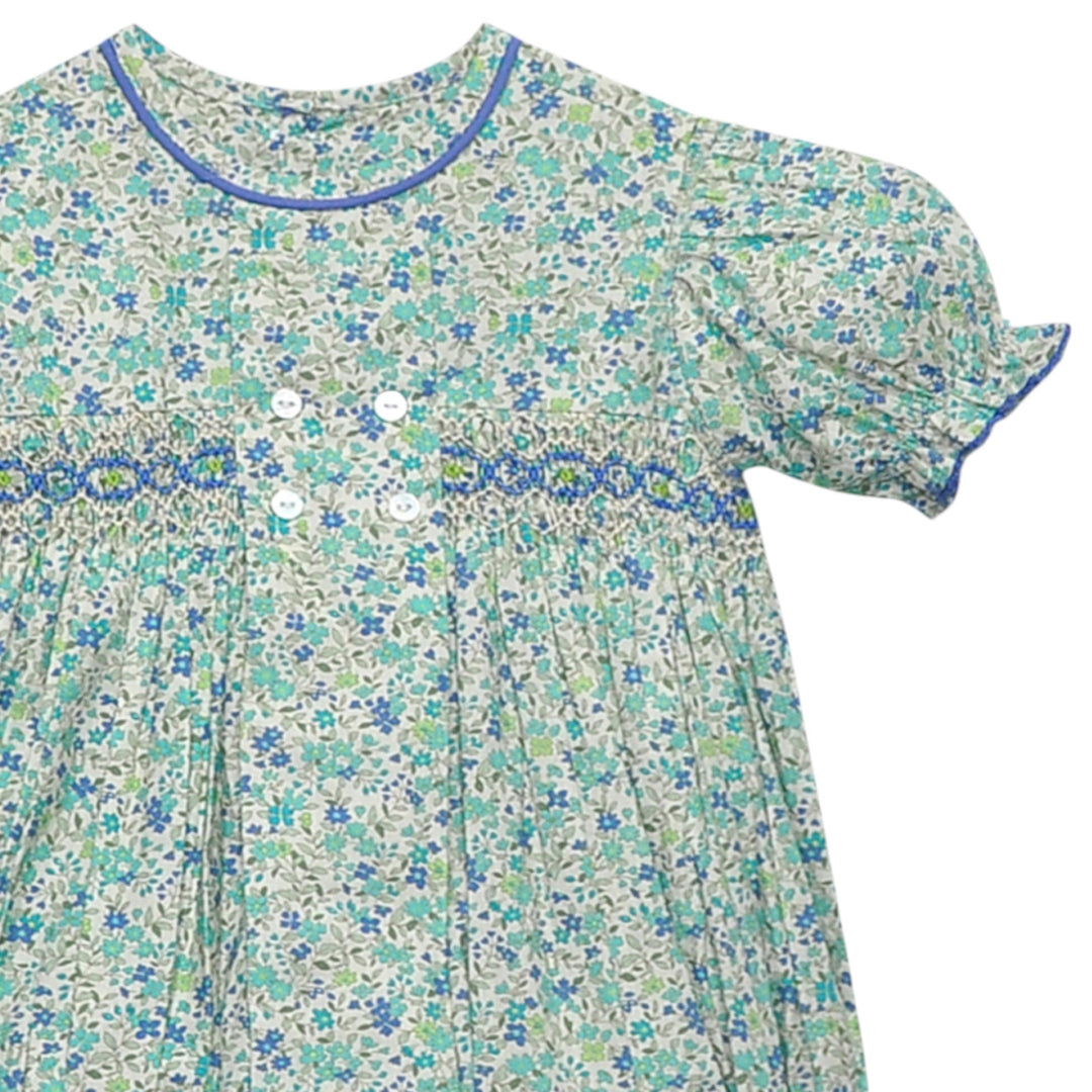 Smocked Blue Flower Ava Rose Girls Bubble