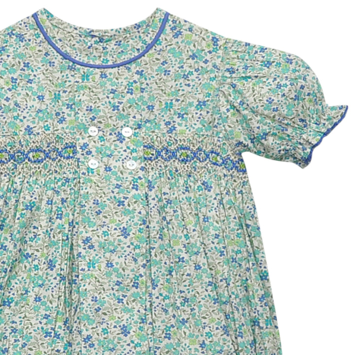 Smocked Blue Flower Ava Rose Girls Bubble