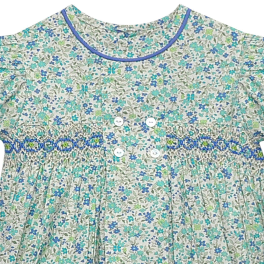 Smocked Blue Flower Ava Rose Girls Bubble