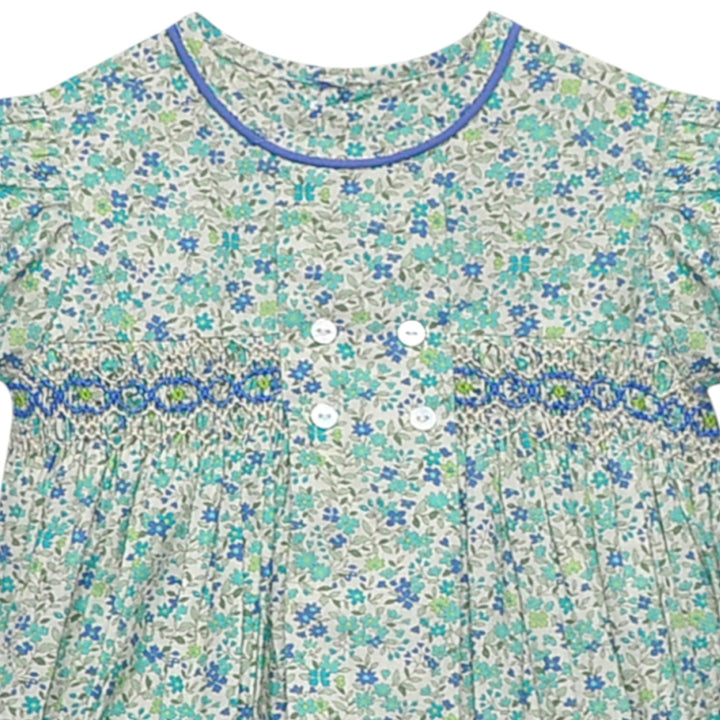 Smocked Blue Flower Ava Rose Girls Bubble