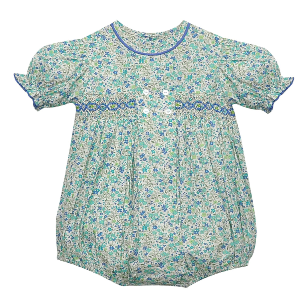 Smocked Blue Flower Ava Rose Girls Bubble