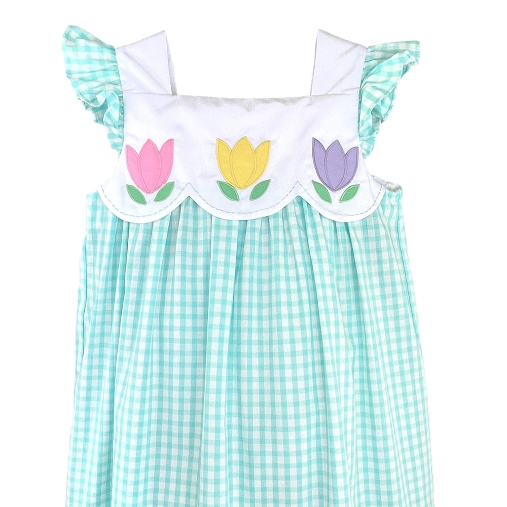 Tulip Turquoise Gingham Girl's Dress, close up