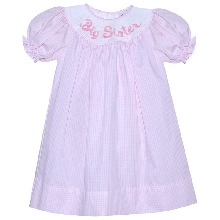 Smocked Big Sister Pink Windowpane Dress, front