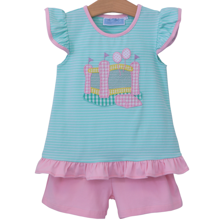 Bounce House Mint & Pink Ruffle Short Set