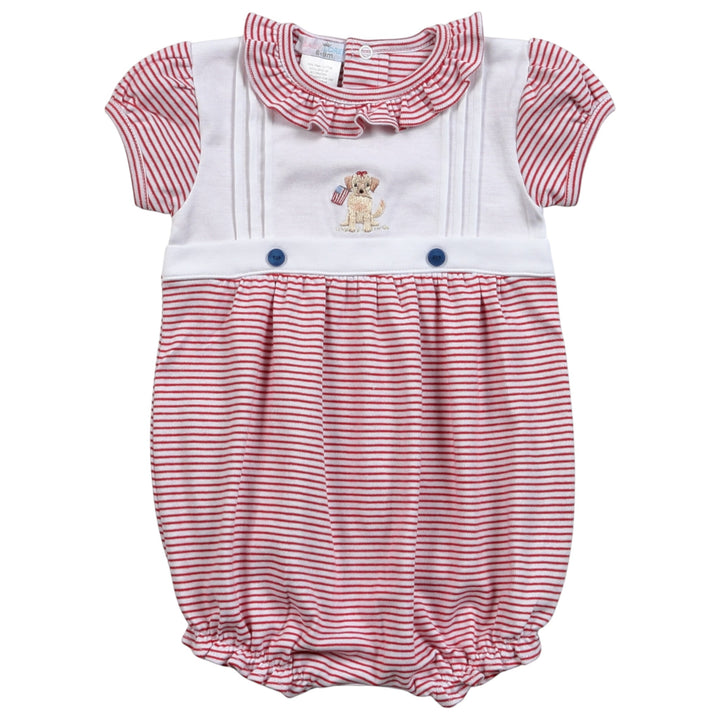 Pup &amp; Flag Red Stripe Ruffle Embroidered Bubble