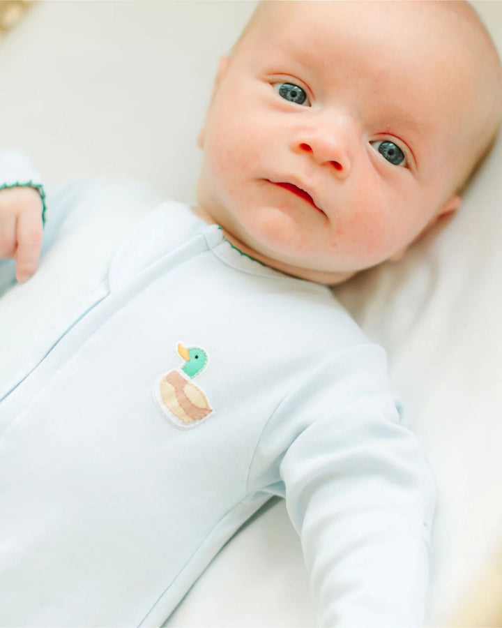 Mini Mallard Embroidered Zip Footie - Light Blue