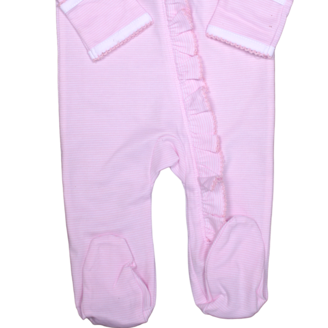 Pink Stripe Pima Zipper Girls Footie, close up 2