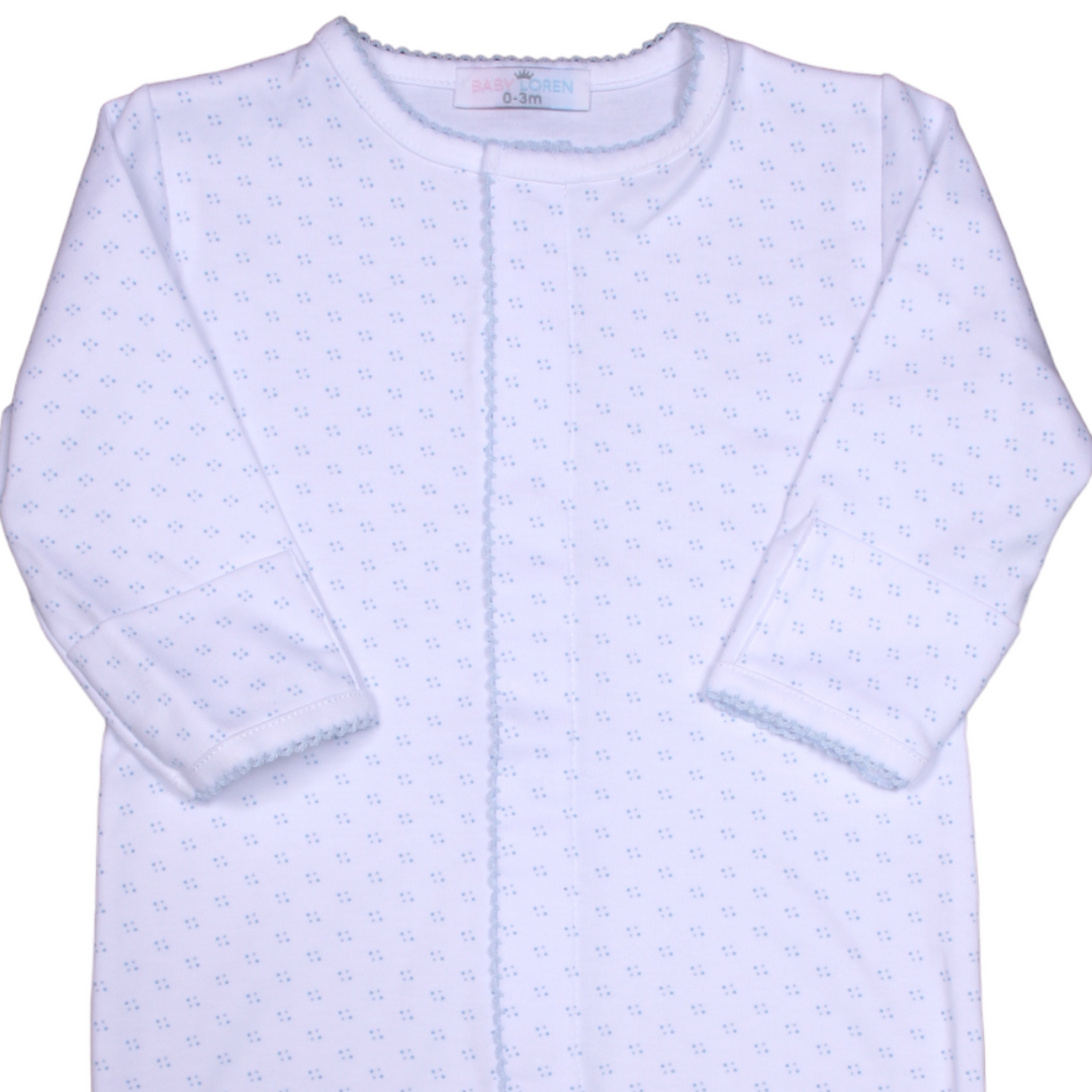 Blue Dots Pima Converter  Boys Gown Romper, close up