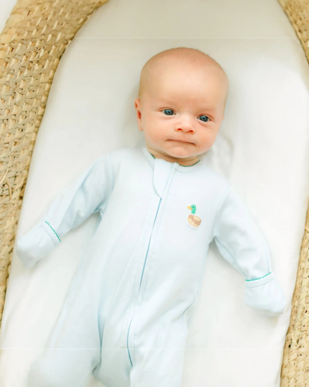 Mini Mallard Embroidered Zip Footie - Light Blue