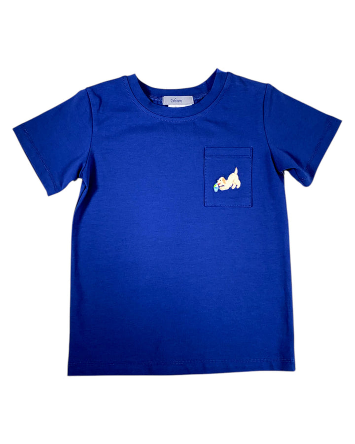Ice Cream Puppy Embroidered Blue Boys Pocket Tee
