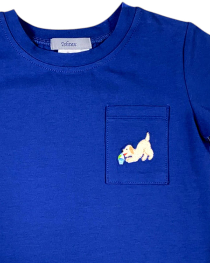 Ice Cream Puppy Embroidered Blue Boys Pocket Tee