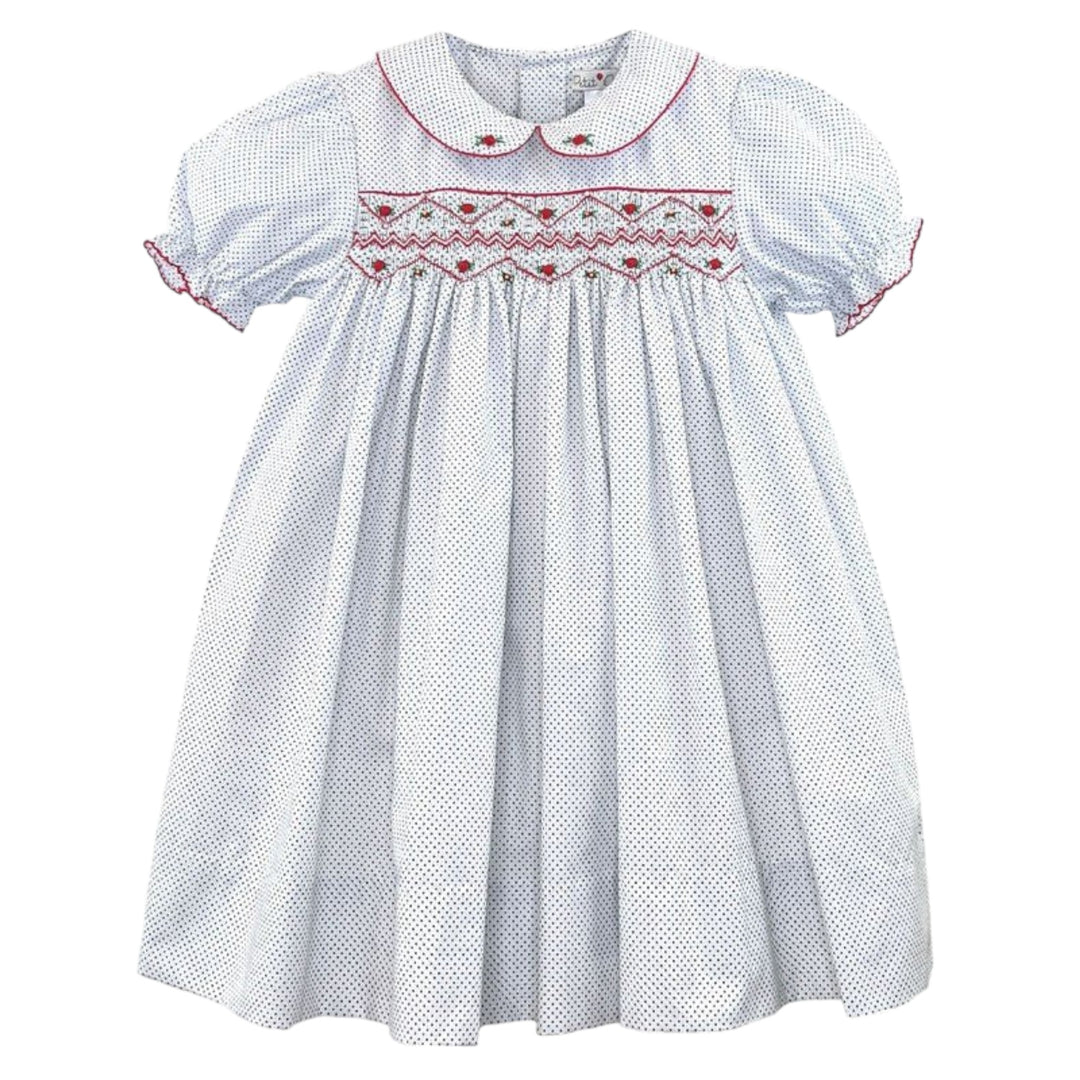 Petit Ami Smocked White Red Grey Dot Dress, front