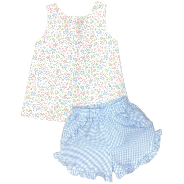 Kinley Blue Blossoms and Bows Ruffle Short Set, front