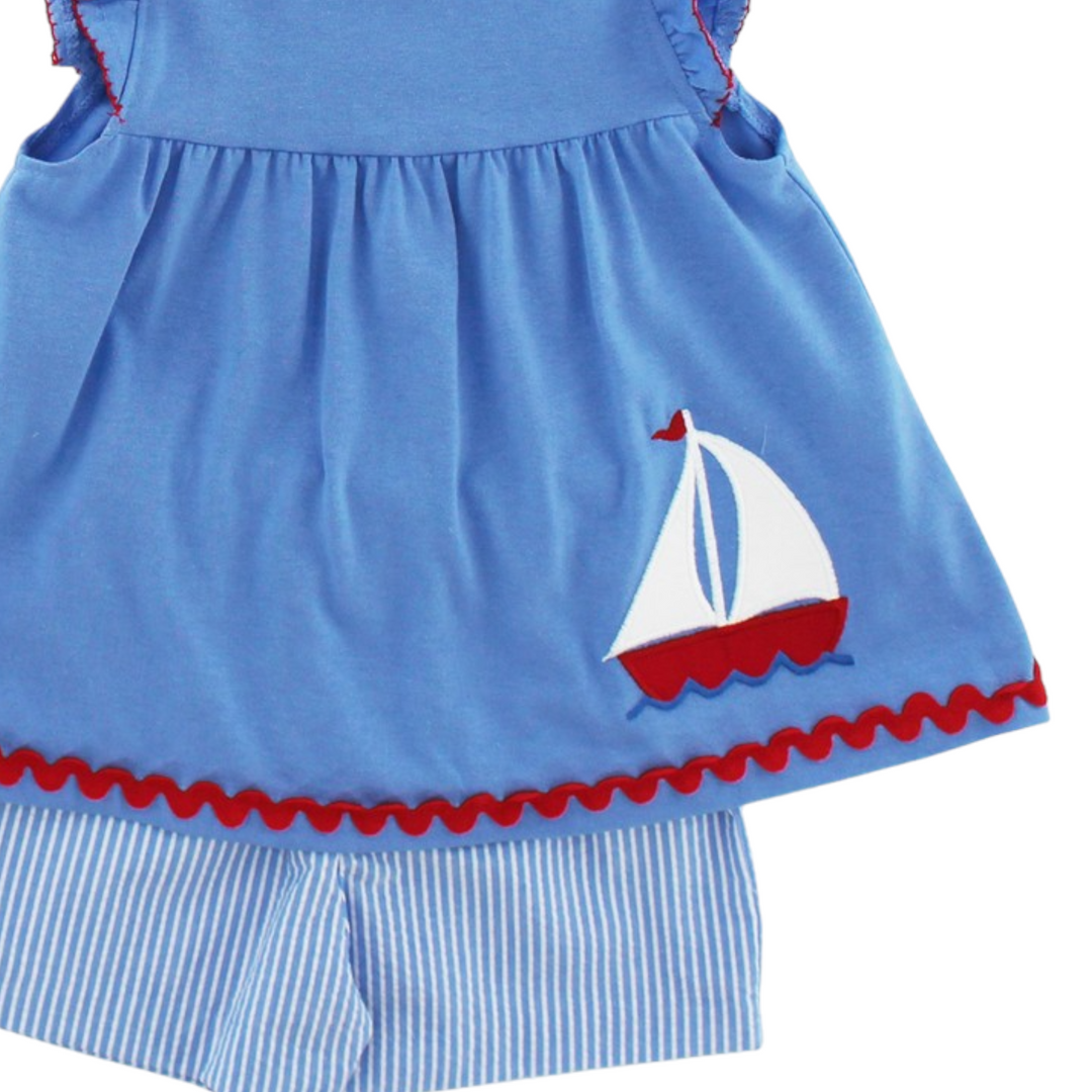 Smooth Sailing Blue Stripe Girls Short Set, close up