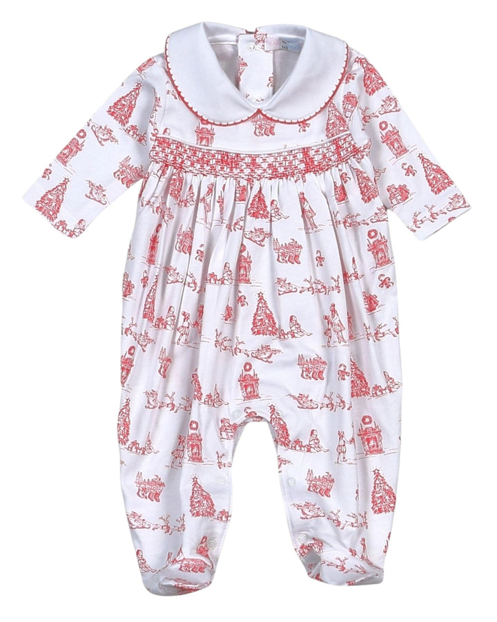 Smocked Christmas Toile Red Girls Footie