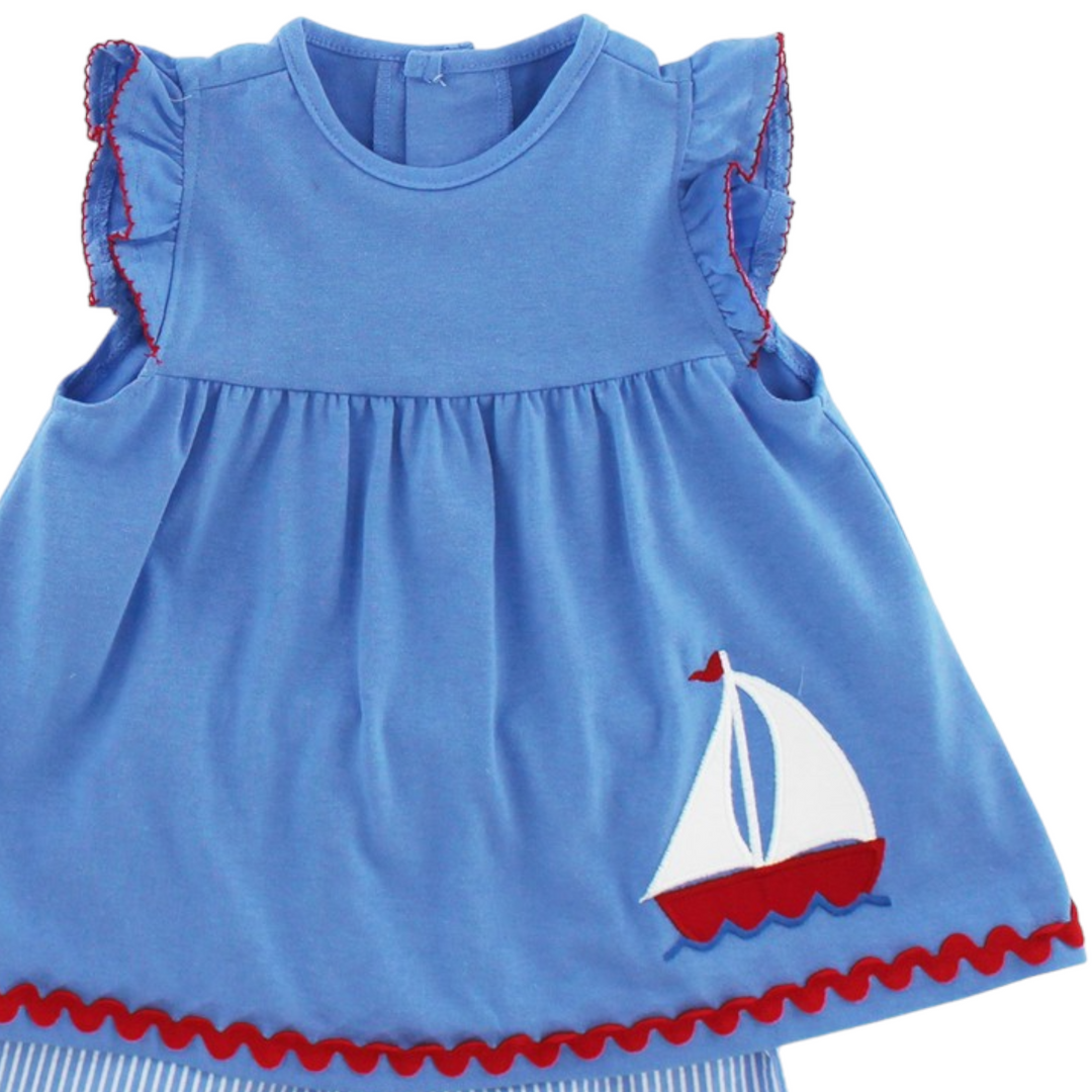 Smooth Sailing Blue Stripe Girls Short Set, close up