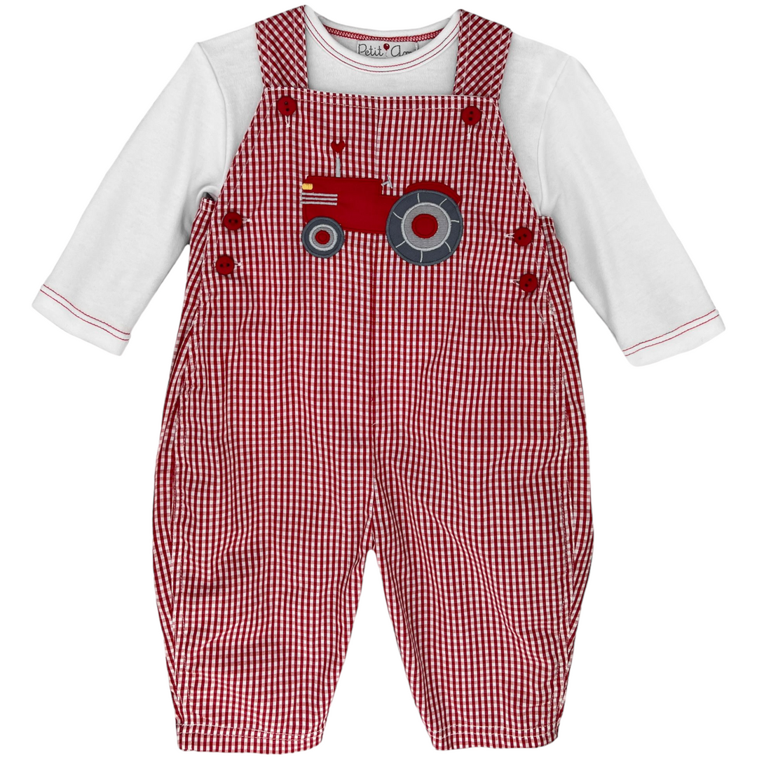 Petit Ami Tractor Heart Red Gingham Longall, front