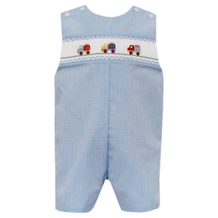 Smocked Dump Trucks Blue Check Jon Jon, front