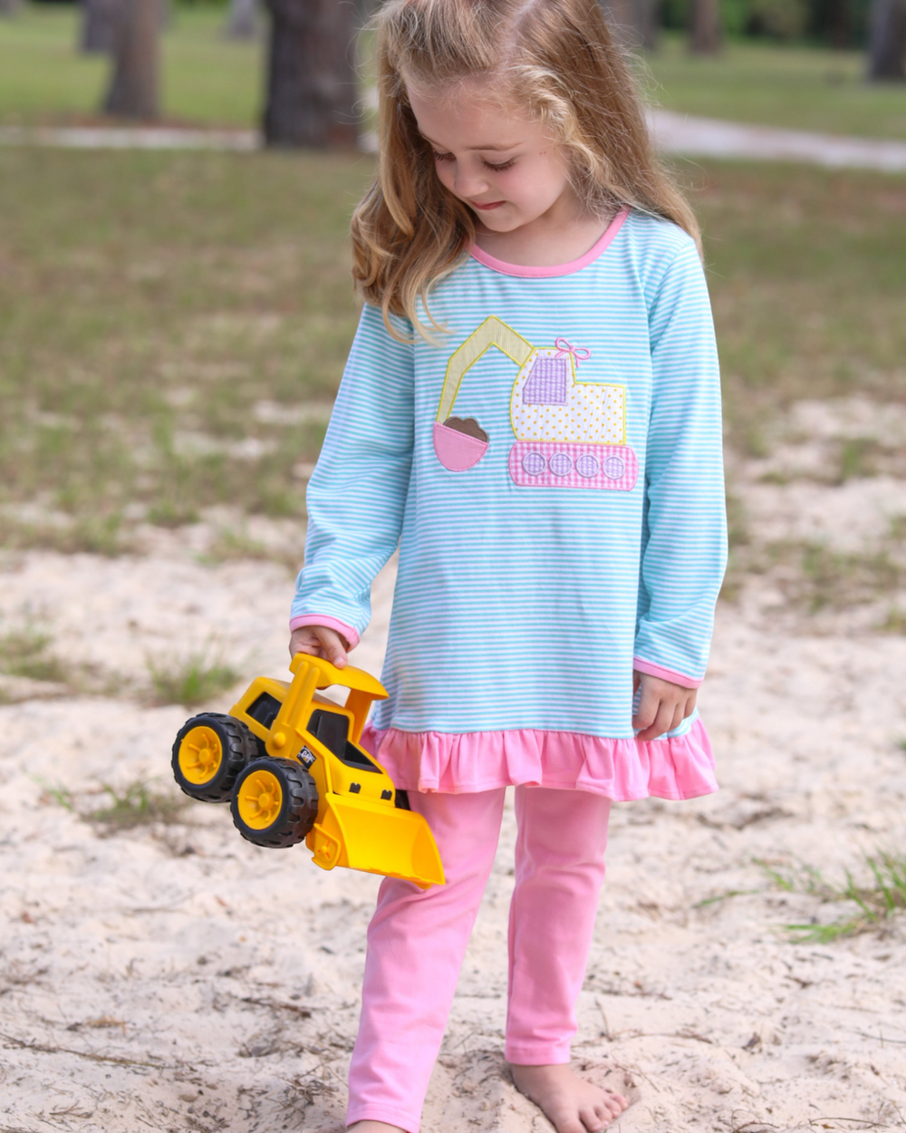 Construction Mint Stripe Girls Ruffle Pants Set, child