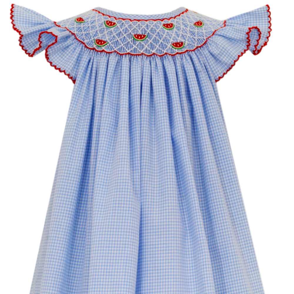 Smocked Watermelon Blue Gingham Dress, close up