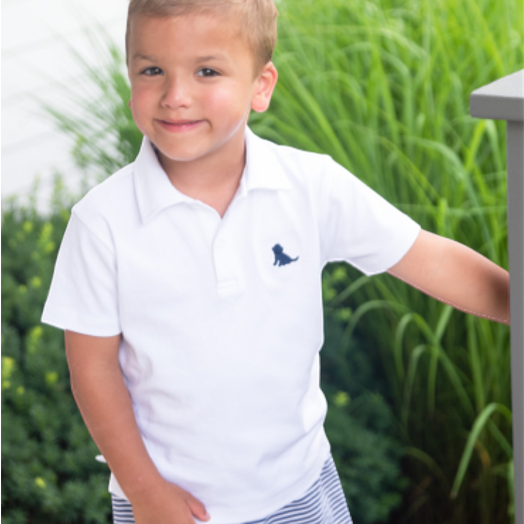 Puppy White and Navy Polo, front