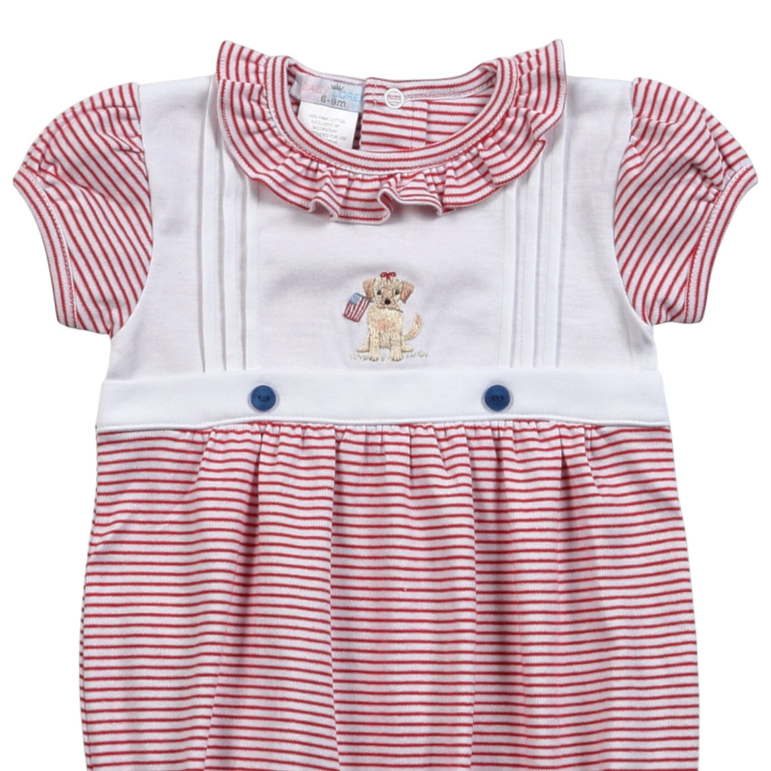 Pup &amp; Flag Red Stripe Ruffle Embroidered Bubble