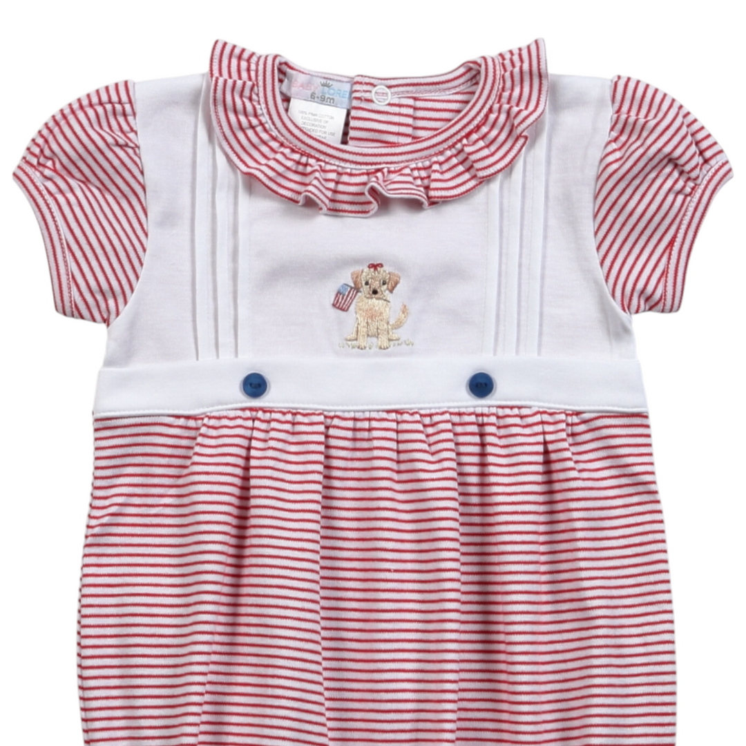 Pup & Flag Red Stripe Ruffle Embroidered Bubble