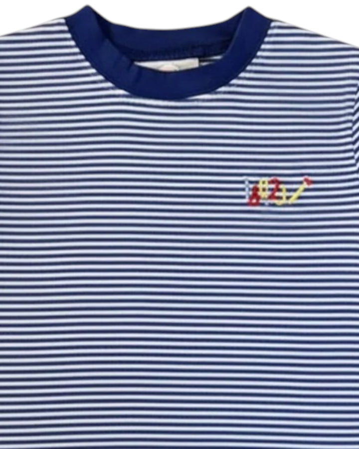 Blue and white striped shirt with a colorful logo on a plain background