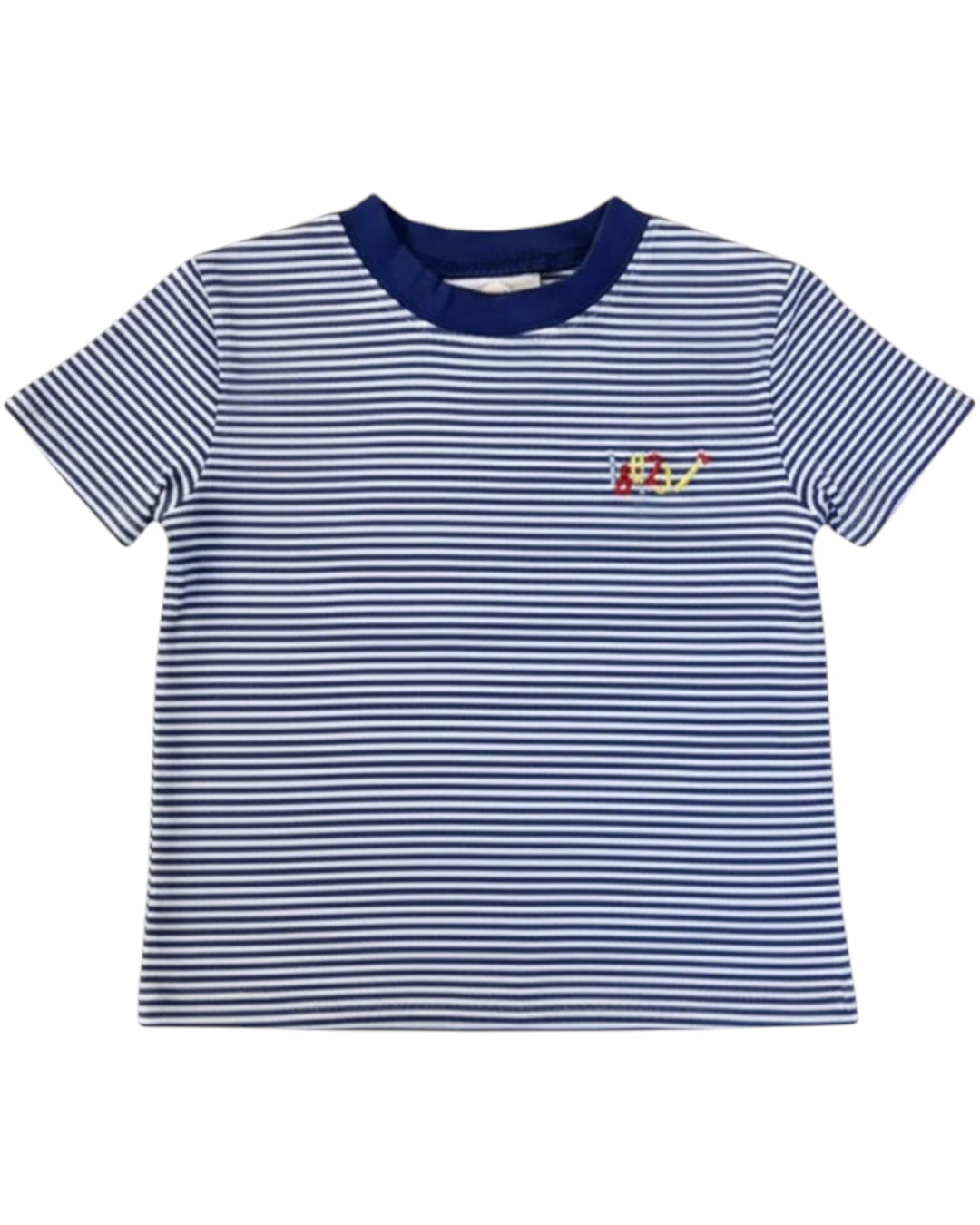 Blue and white striped t-shirt with a small logo on a white background