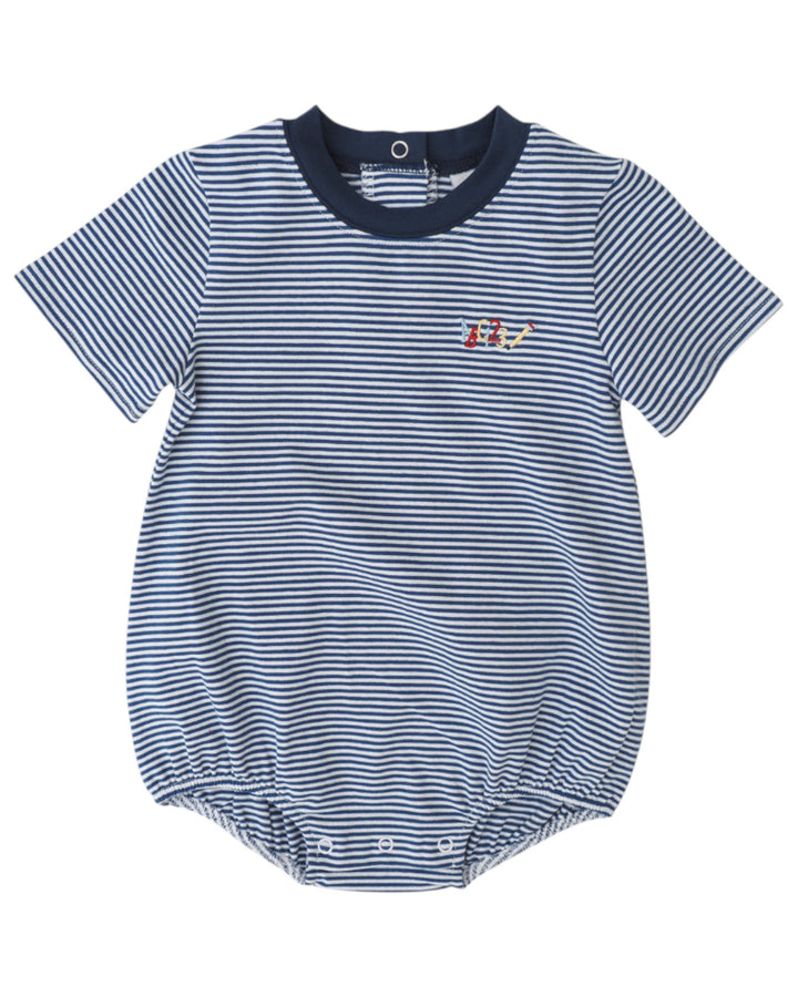 Blue and white striped baby romper with a small logo on a white background
