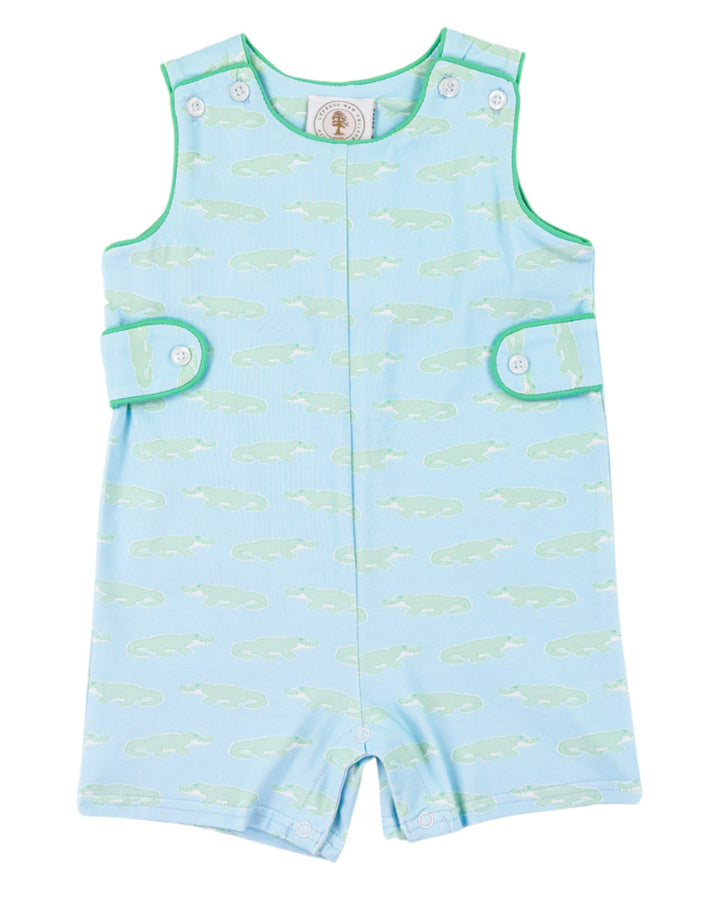 Light blue romper with green accents and fish pattern on a white background