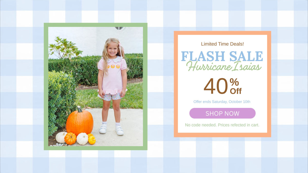 A promotional sale graphic with a light blue and white gingham background. On the left is a framed photo of a young girl standing outdoors next to pumpkins, wearing a light pink top and gray shorts at That Store