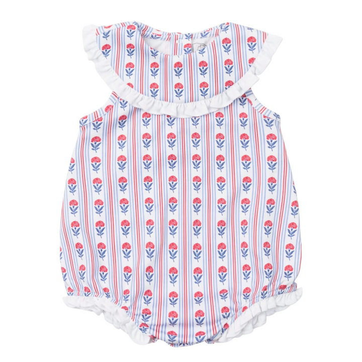 Baby romper with floral and striped pattern on a white background, that store