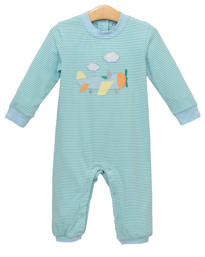 Striped baby onesie with airplane design on a white background
