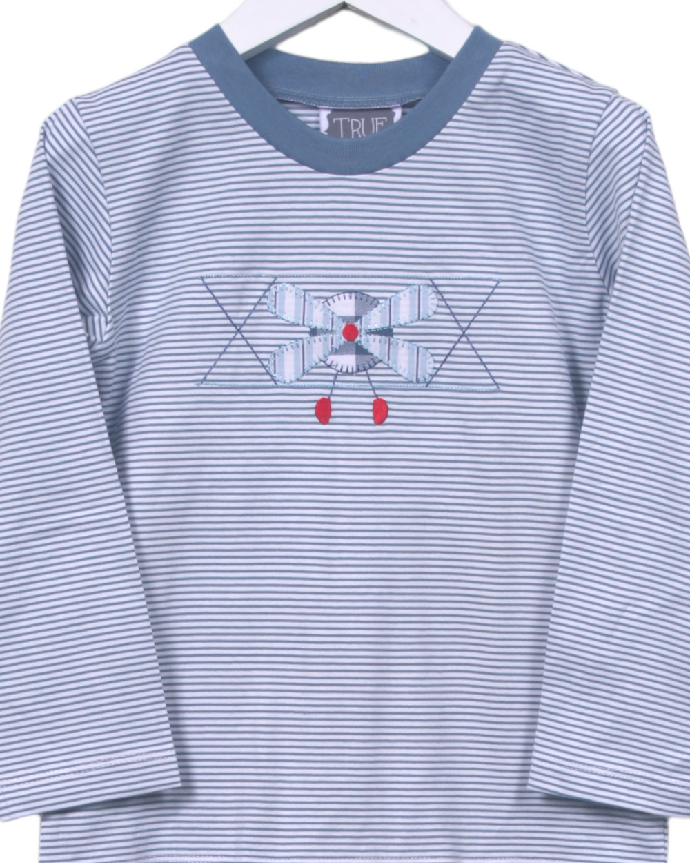 Airplane Applique Blue Stripe Boy's Pant Set, close up