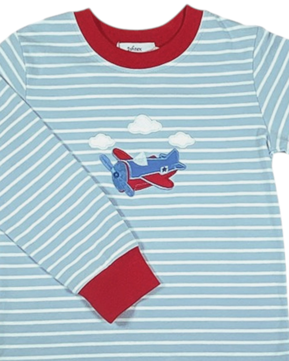 Children's long-sleeve shirt with airplane design and red pocket on a light blue and white striped background.