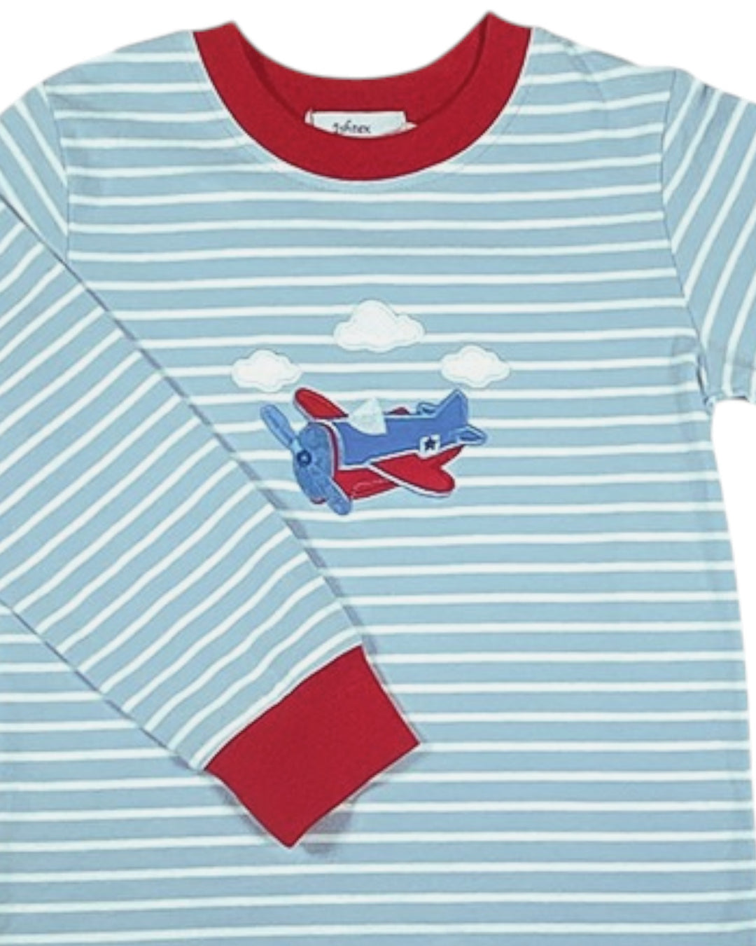 Children's long-sleeve shirt with airplane design and red pocket on a light blue and white striped background.