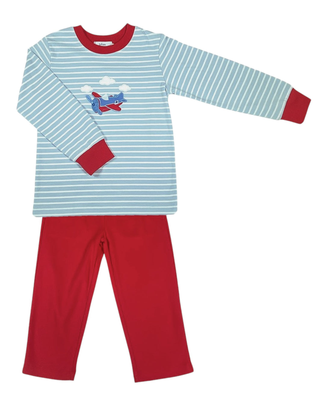 Children's pajama set with striped shirt and red pants on a white background