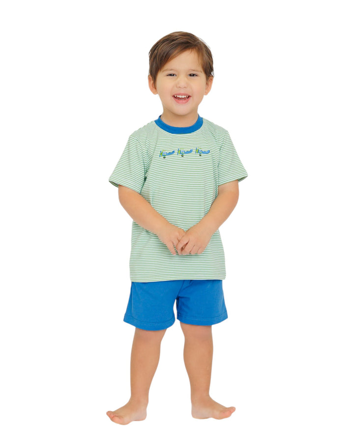 Child wearing a green and blue striped shirt with matching shorts on a white background