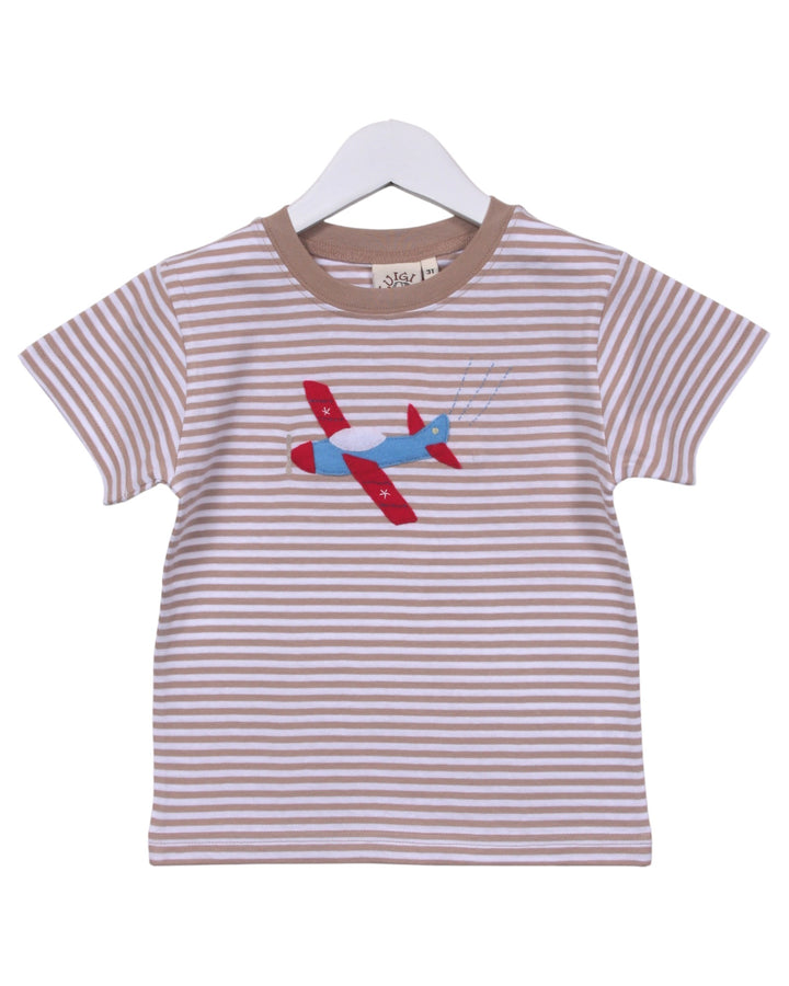 Striped t-shirt with airplane design on a white background