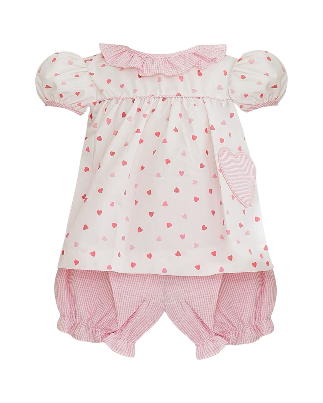 Baby outfit with pink heart-patterned top and checkered bloomers on a white background